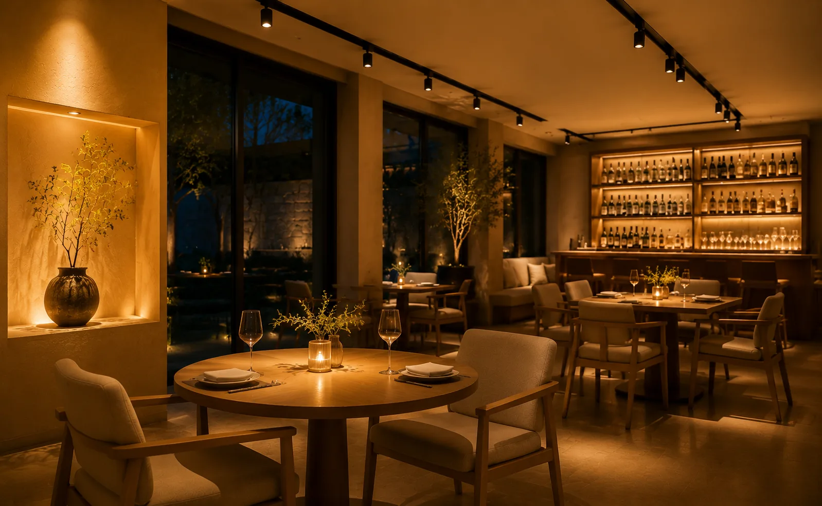 01 2700K warm white lighting creating an intimate hospitality atmosphere with comfortable evening ambience