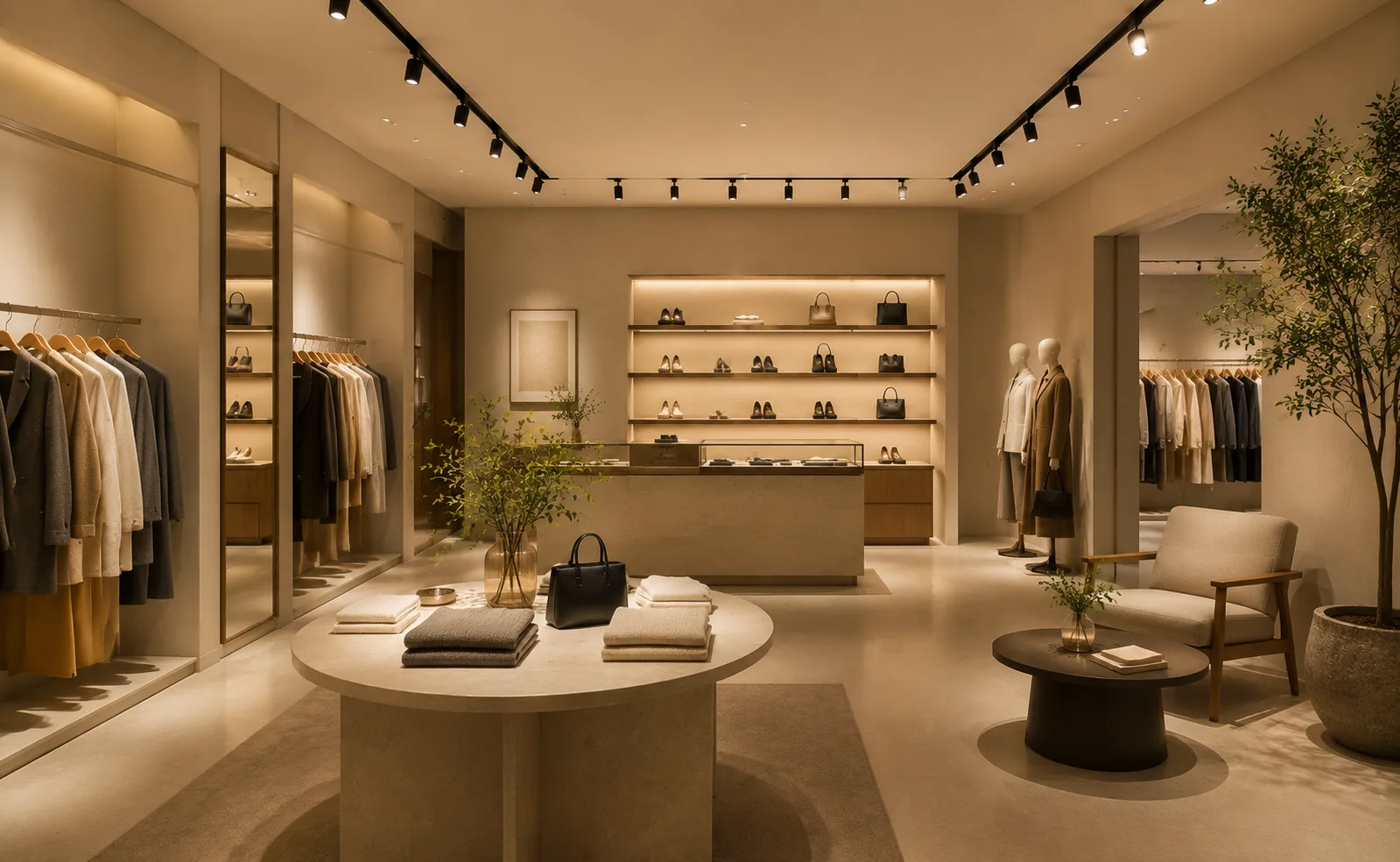 02 3000K warm neutral lighting creating a refined commercial interior atmosphere for retail and architectural spaces