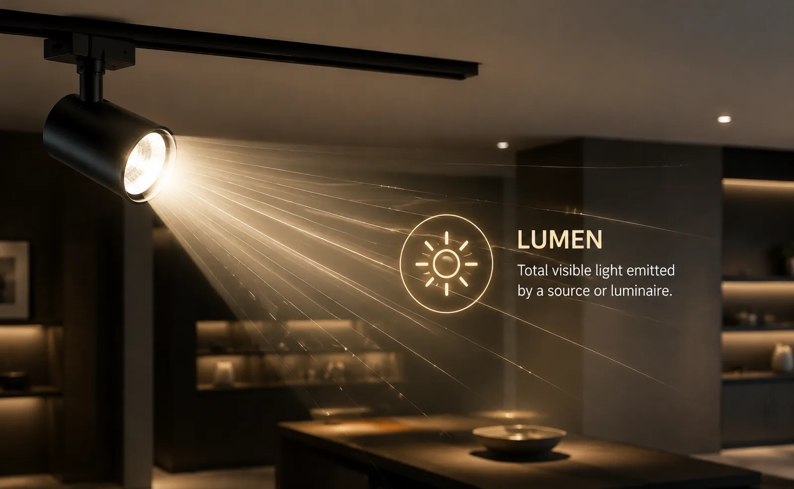 Lux vs lumen concept showing commercial lighting measurement with focused beams and surface illumination in an architectural interior