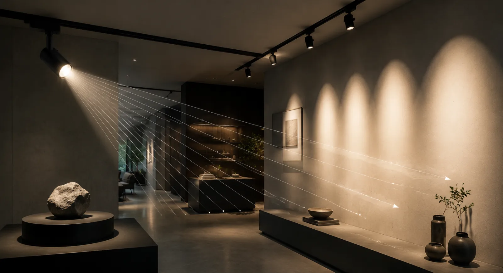 Lux vs lumen concept showing commercial lighting measurement with focused beams and surface illumination in an architectural interior