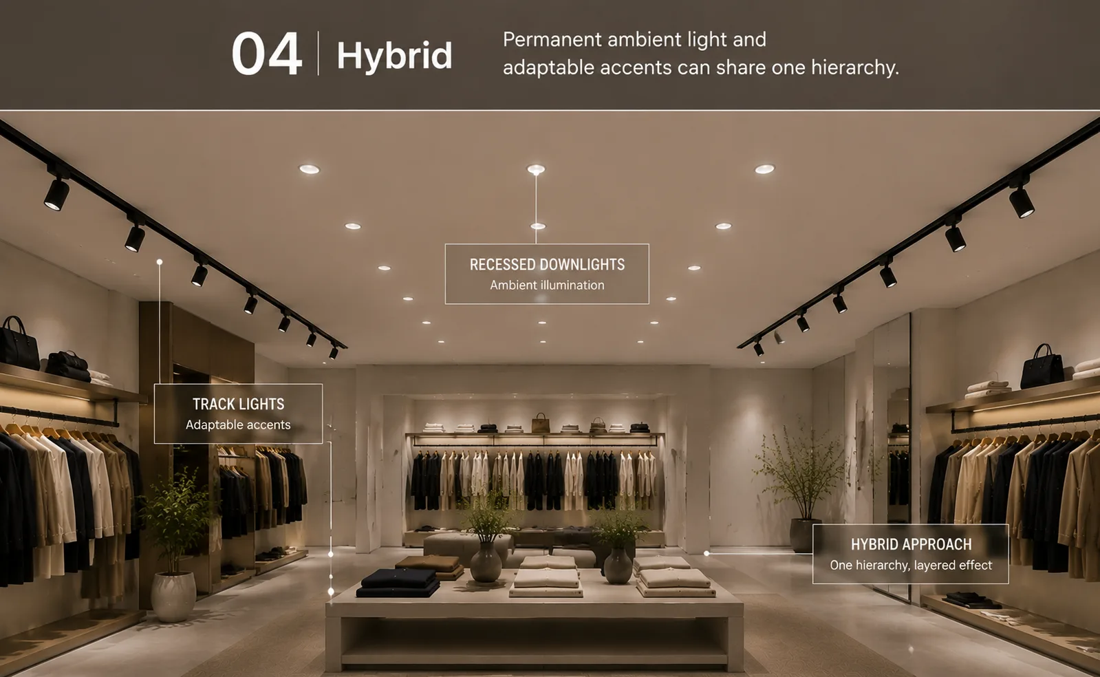 04 Hybrid lighting approach combining recessed downlights for ambient illumination and track lights for adaptable accent lighting in a retail interior