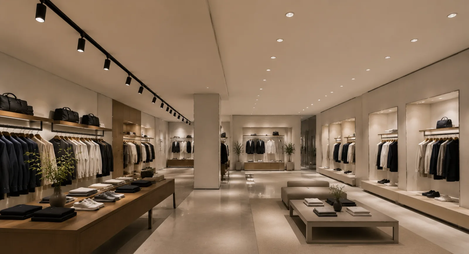 Track lighting and recessed downlights combined in a commercial retail interior showing adaptable illumination and integrated ceiling design