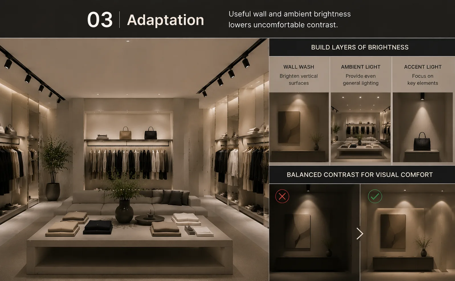 03 Adaptation anti-glare lighting using balanced ambient and wall brightness to reduce contrast