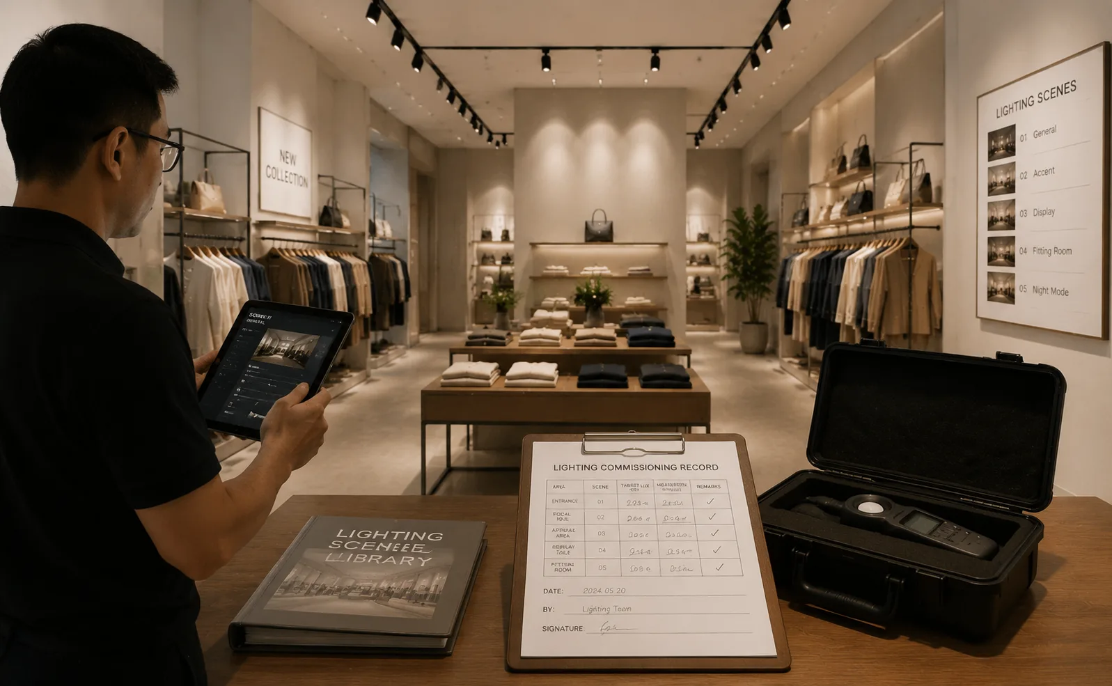 Retail lighting commissioning process with scene setup and aiming records