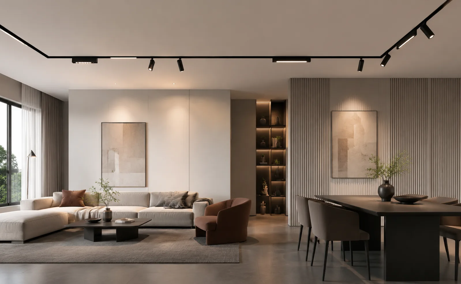 Magnetic track lighting with movable modules in a modern showroom interior.