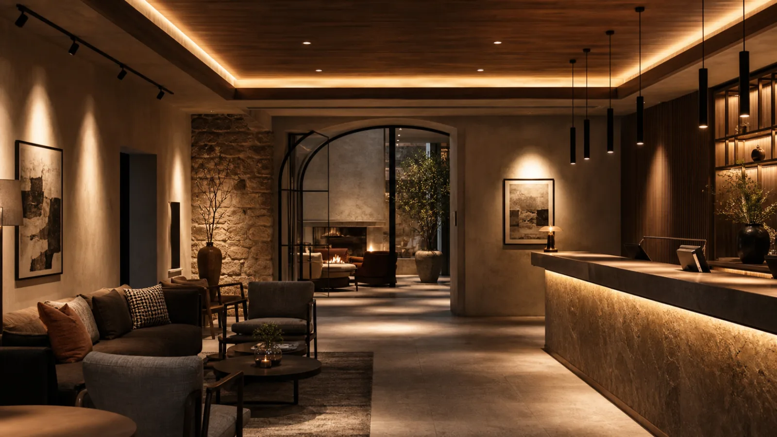 Boutique hotel lounge showing ambient task and accent lighting layers