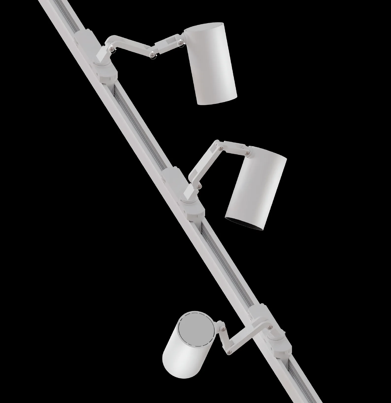 White adjustable track spotlights on a white track against a black background