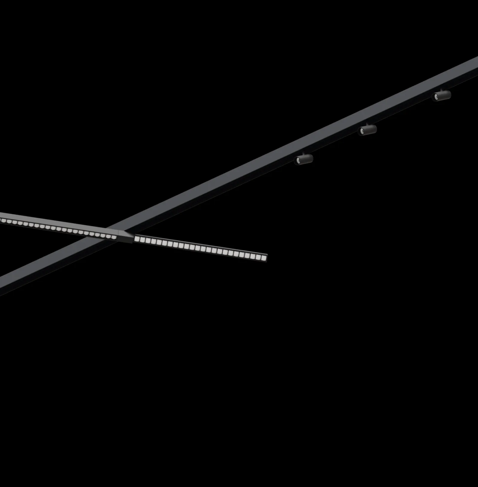 Black modular magnetic track lighting system with spotlights and linear lighting modules