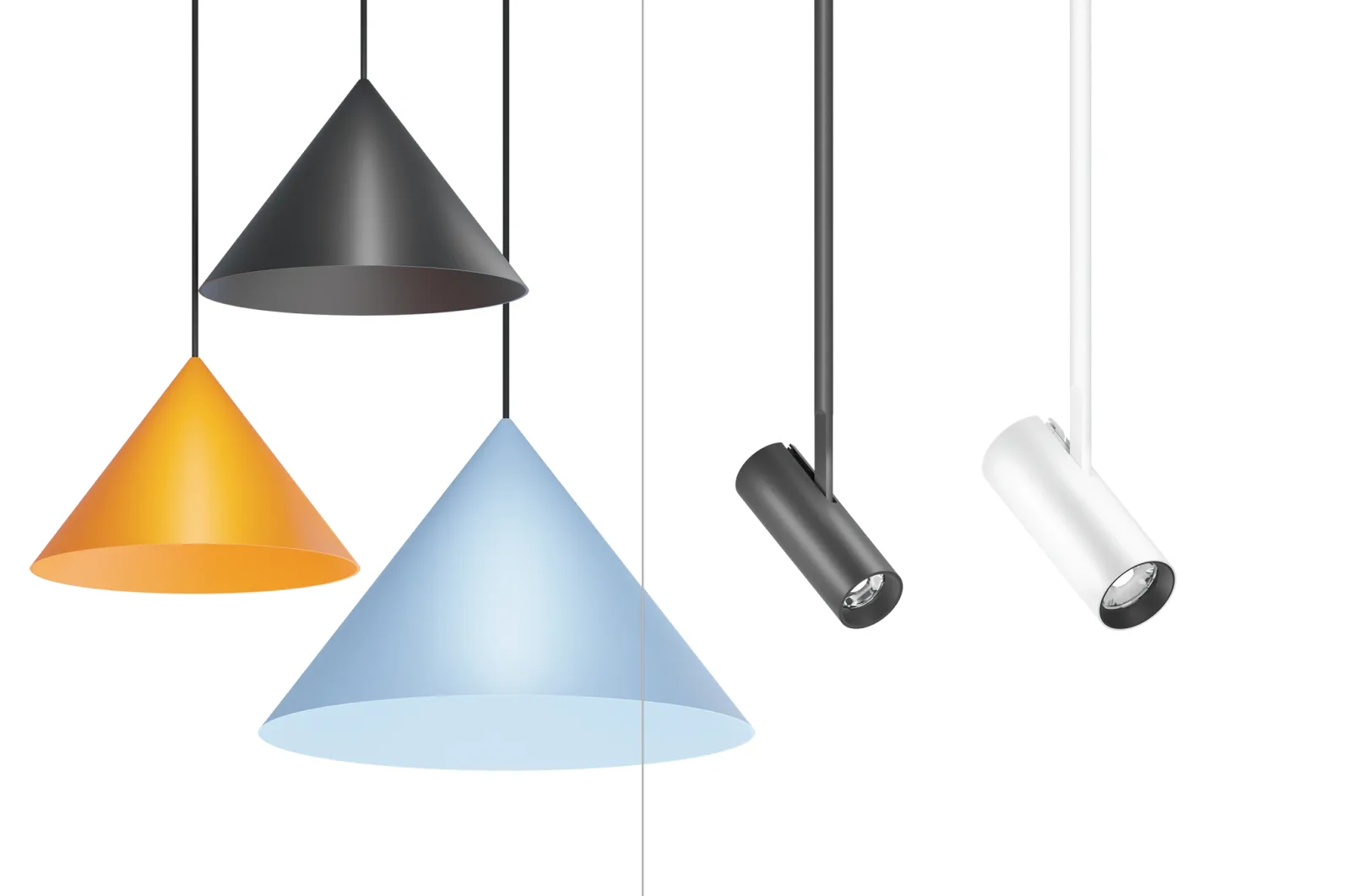 Black and white pendant and track spotlights demonstrating warm and cool colour appearance