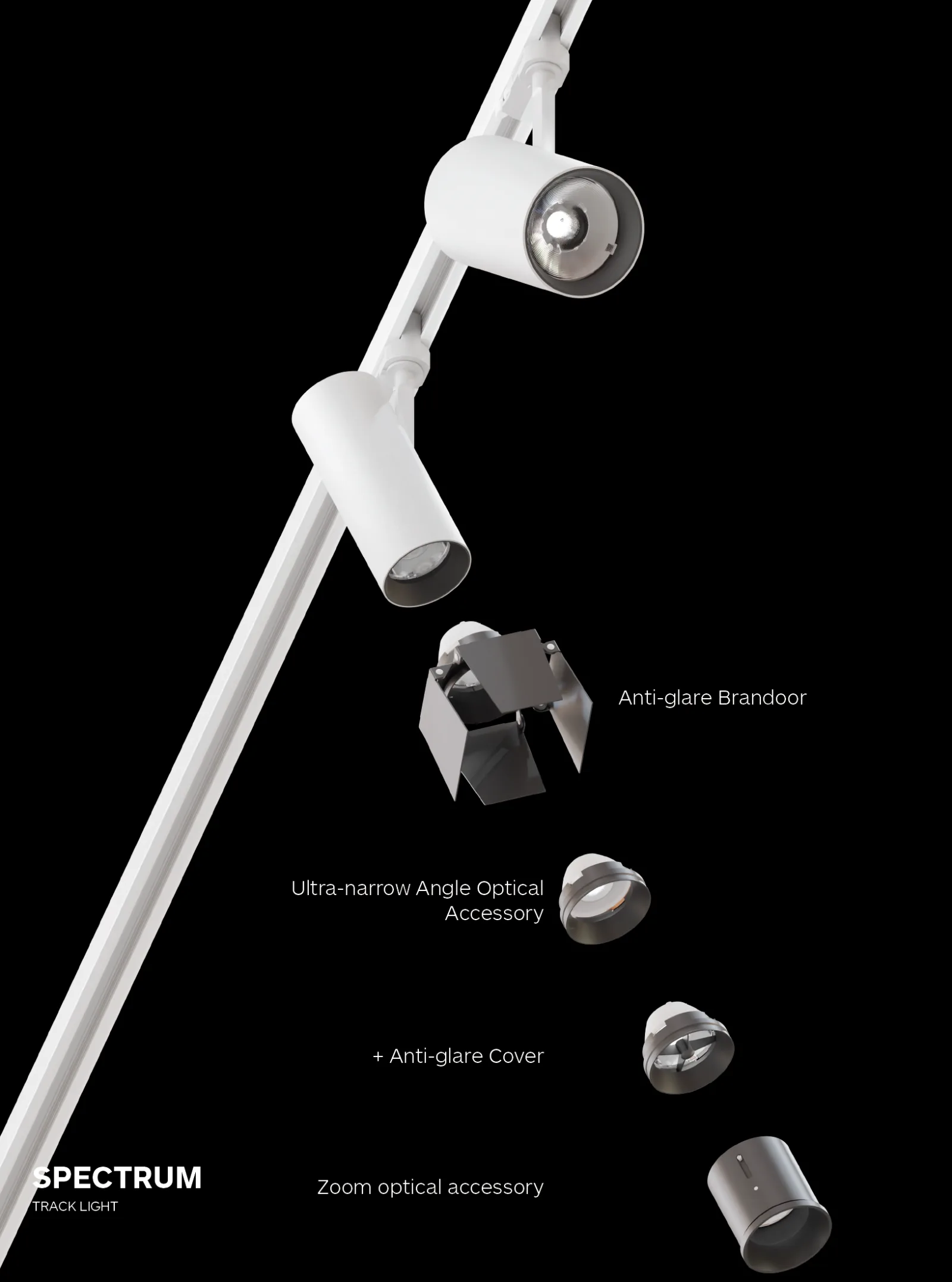 White SPECTRUM track lights with anti-glare accessories on a black background