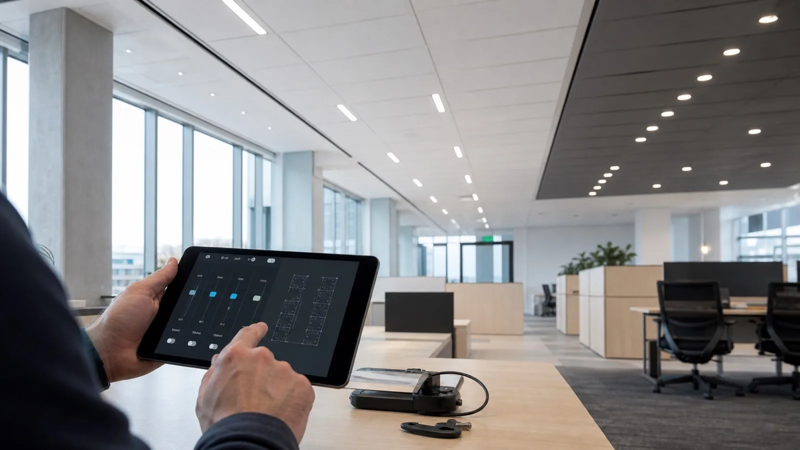 Modern commercial interior with zoned lighting and a digital wall control panel