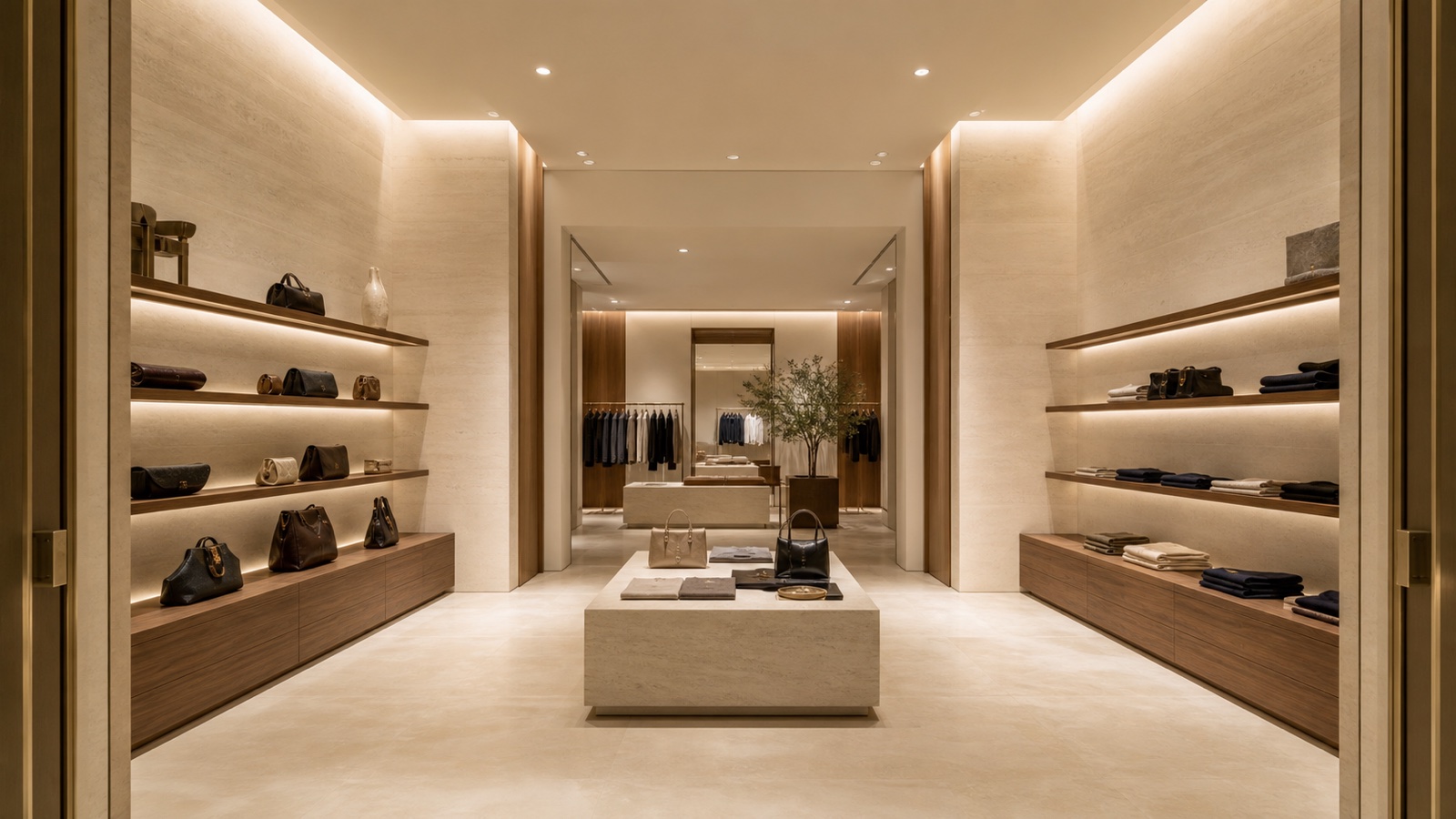 Fashion boutique with illuminated walls, shelves and merchandise displays