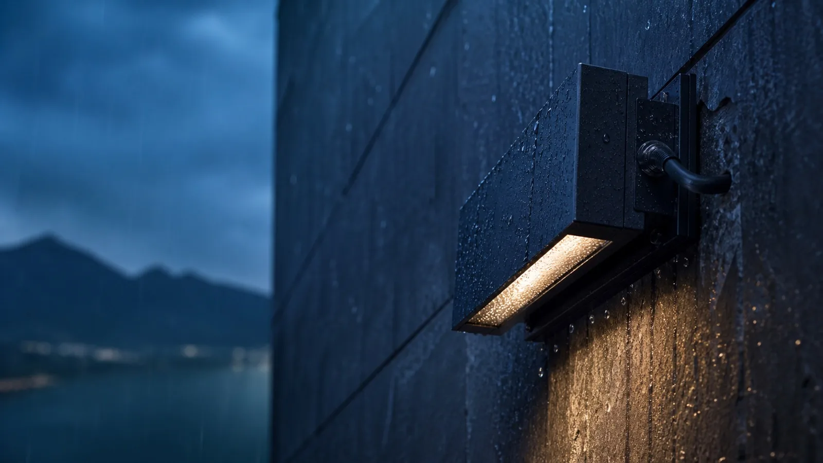 Weather-resistant architectural lighting illuminating a modern facade in the rain