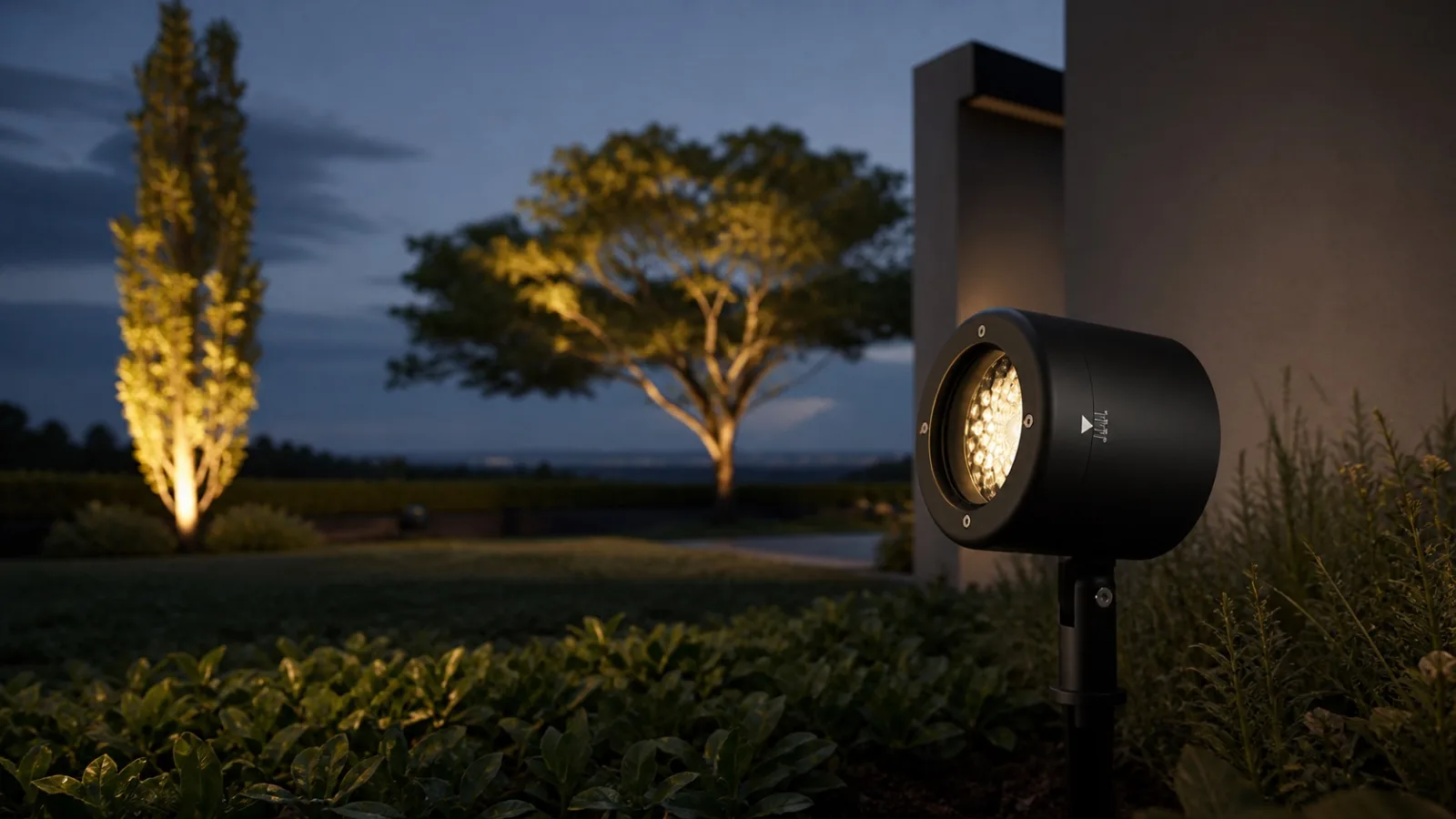 PROFOCUS adjustable zoom outdoor spotlight demonstrating narrow and wide beams in a garden