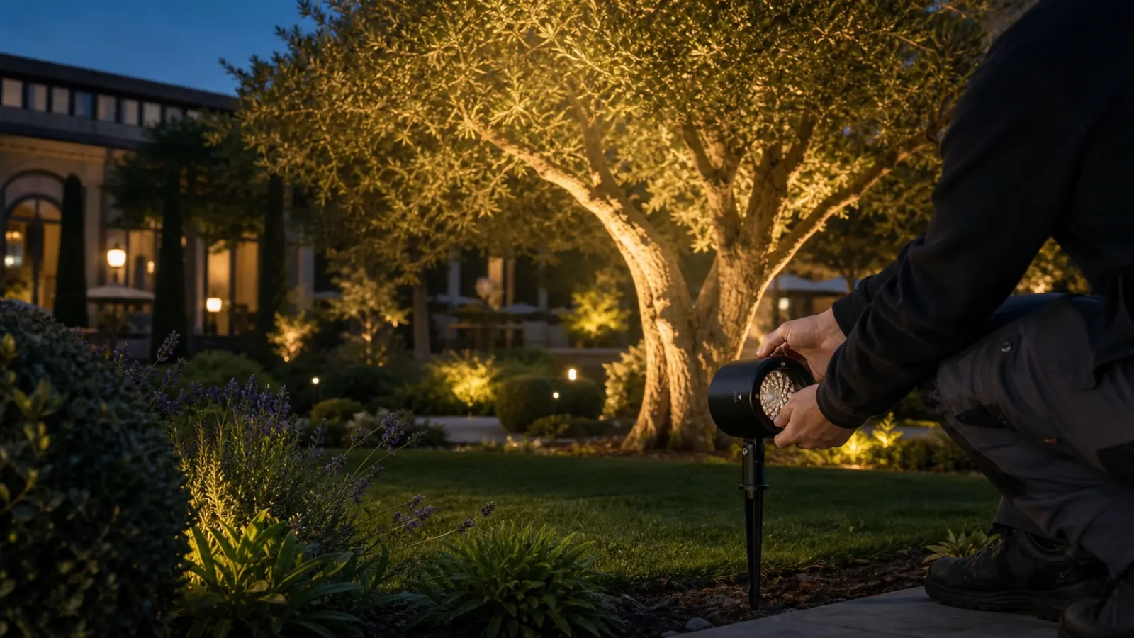 Landscape technician readjusting a PROFOCUS zoom spike light for a growing tree