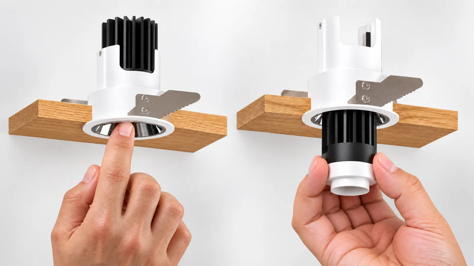 MINI PRO modular downlight module being removed without damaging the ceiling