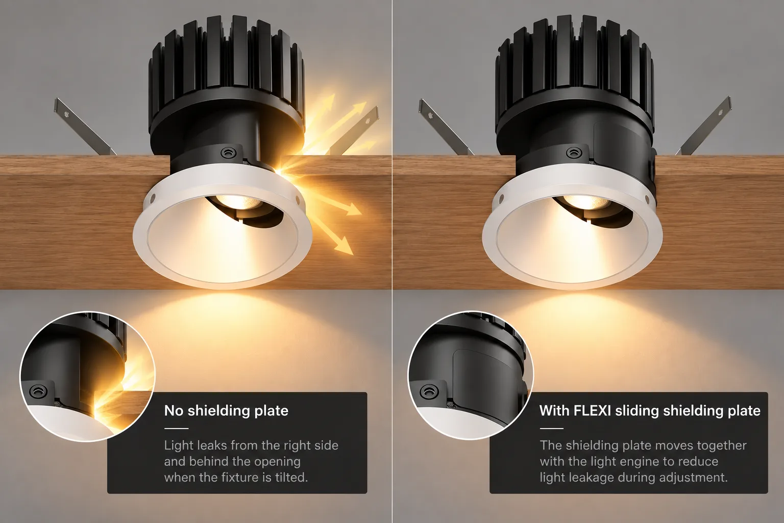 FLEXI adjustable recessed downlight comparison showing reduced light leakage with sliding shielding plate