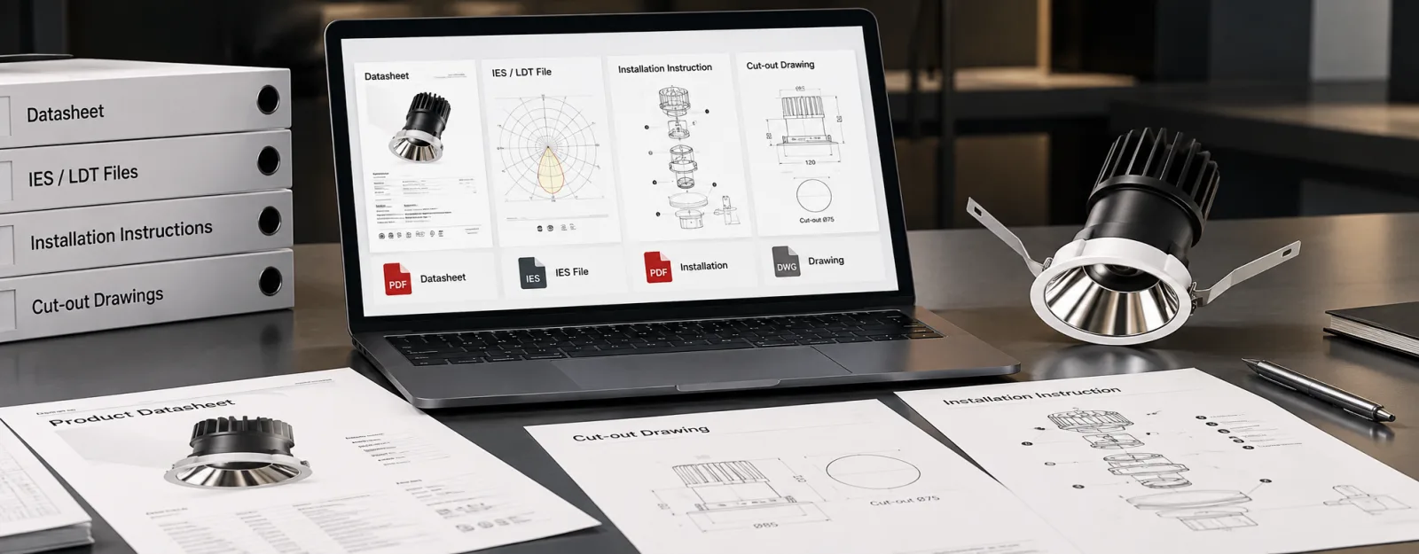 FLEXI recessed downlight technical files including datasheet, IES/LDT files, cut-out drawings and installation instructions