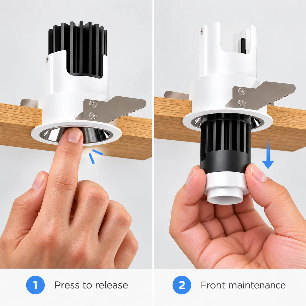 Front-maintenance recessed downlight with removable lighting module for easier servicing