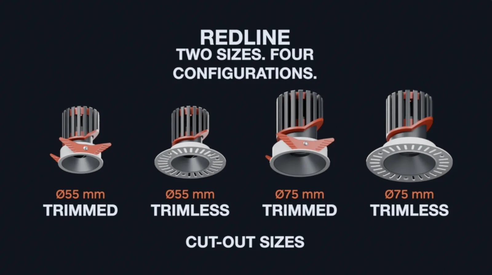 REDLINE adjustable recessed downlight with 40-degree aiming, anti-glare optics and trim or trimless configurations