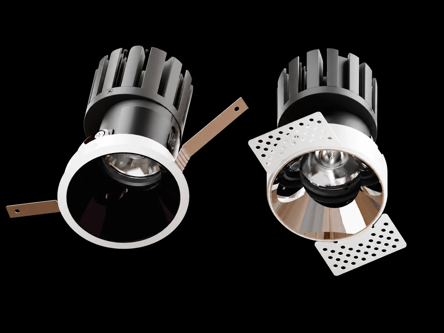 FLEXI recessed downlight using one light module with trim and trimless mounting frames