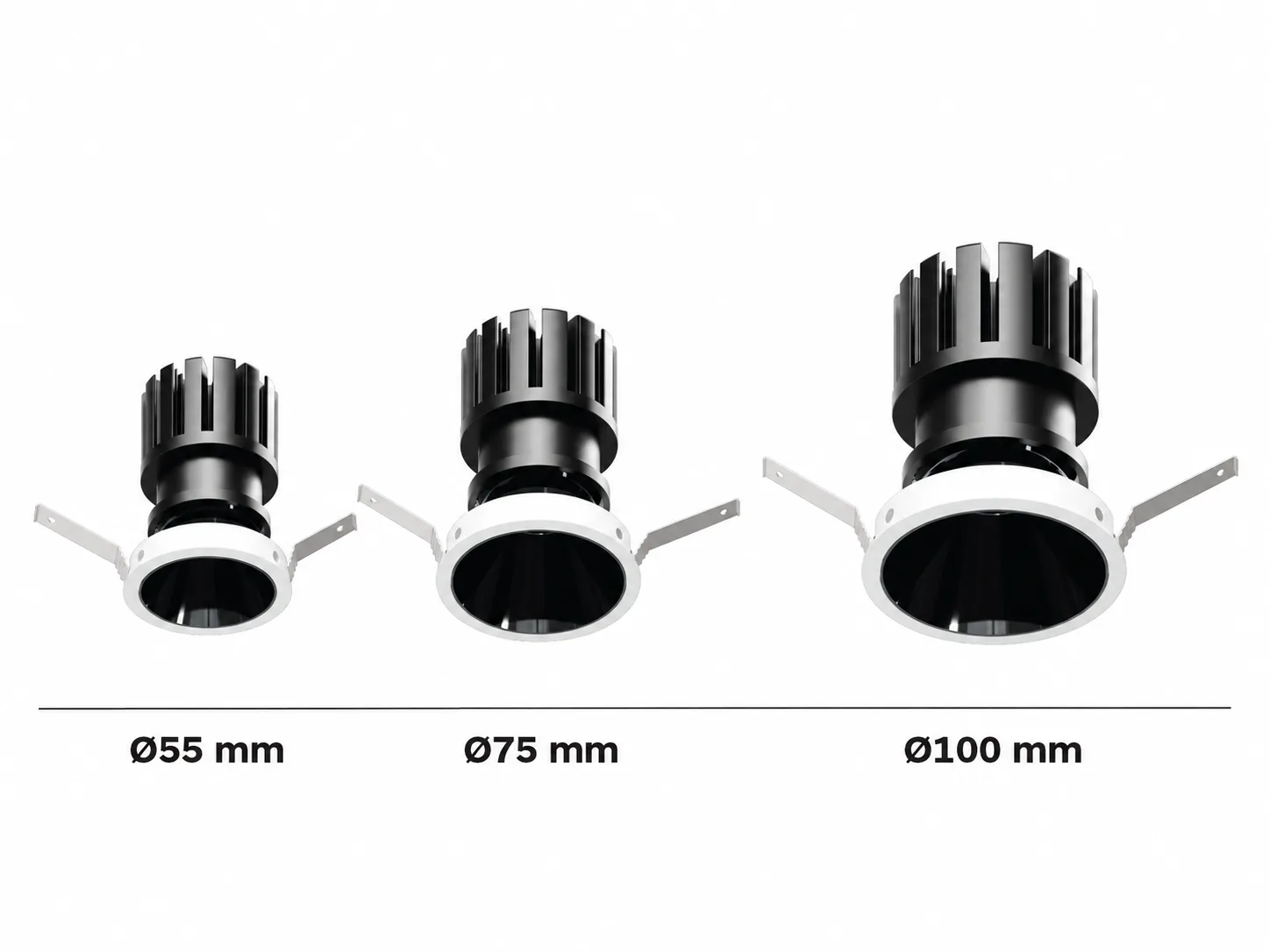 FLEXI recessed downlight family in 55mm 75mm and 100mm cut-out sizes