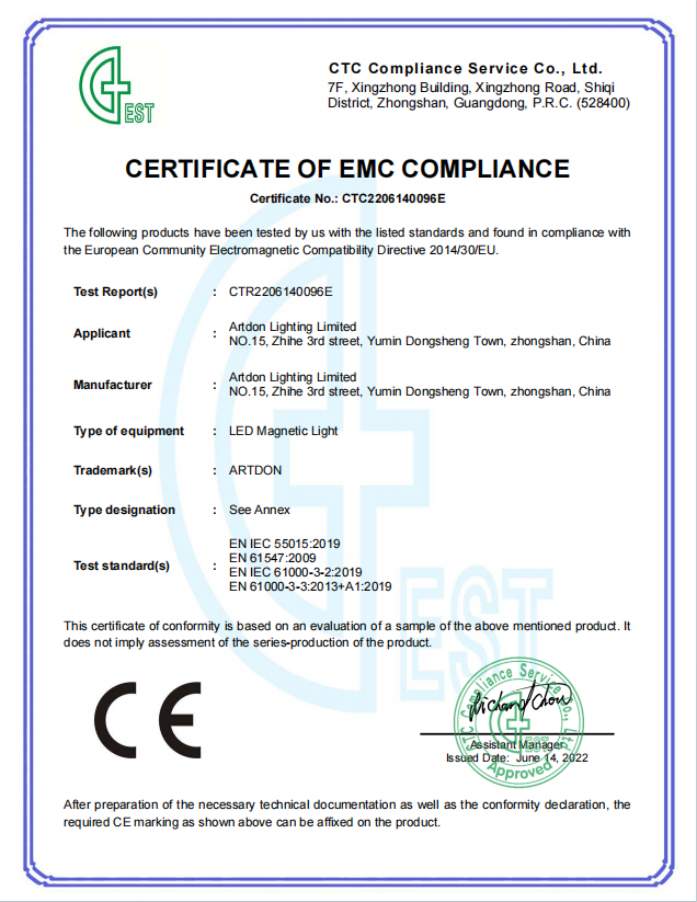 Artdon CE EMC compliance certificate for LED magnetic lighting products.