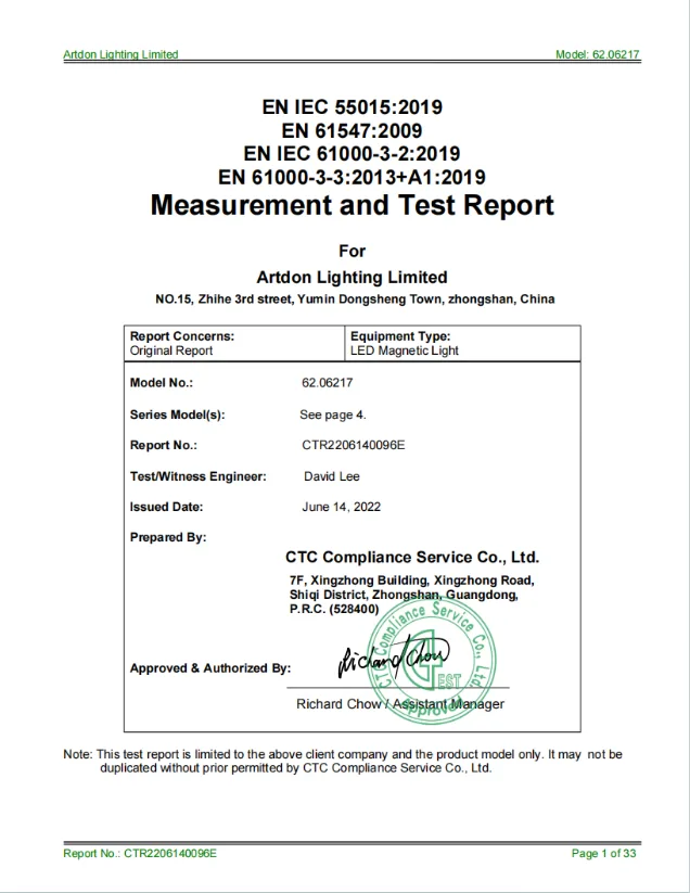 Artdon CE EMC test report for LED magnetic lighting products.