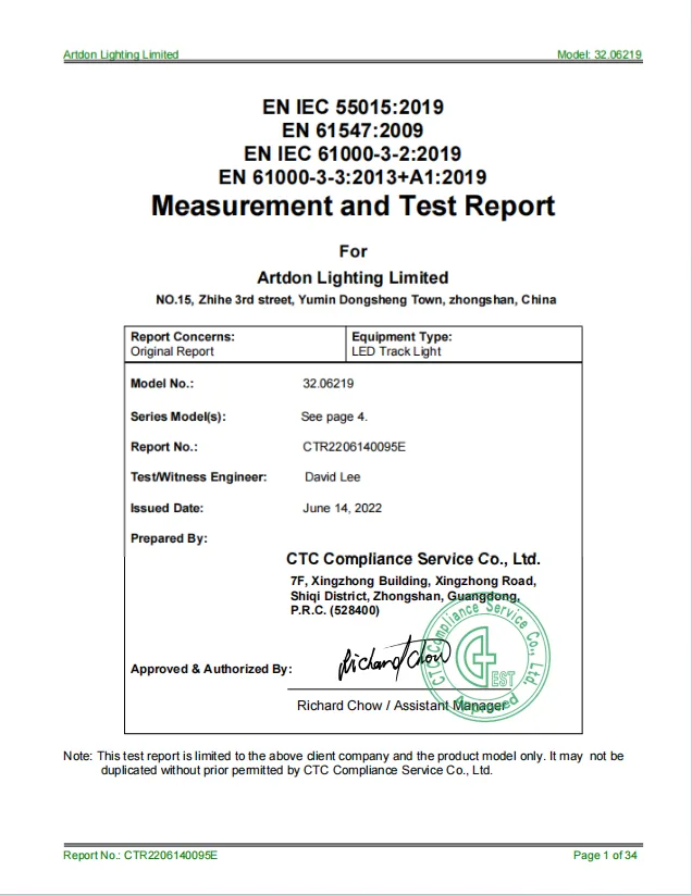 Artdon CE EMC test report for architectural track lighting products.