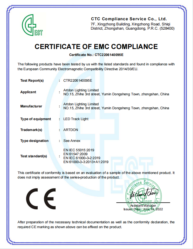 Artdon CE EMC compliance certificate for architectural track lighting products.