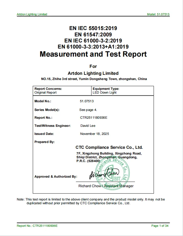 Artdon CE EMC test report for architectural recessed downlight products.