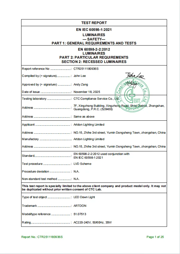 Artdon CE LVD test report for architectural recessed downlight products.
