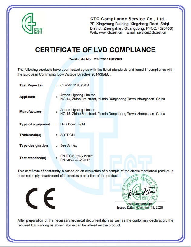Artdon CE LVD compliance certificate for architectural recessed downlight products.