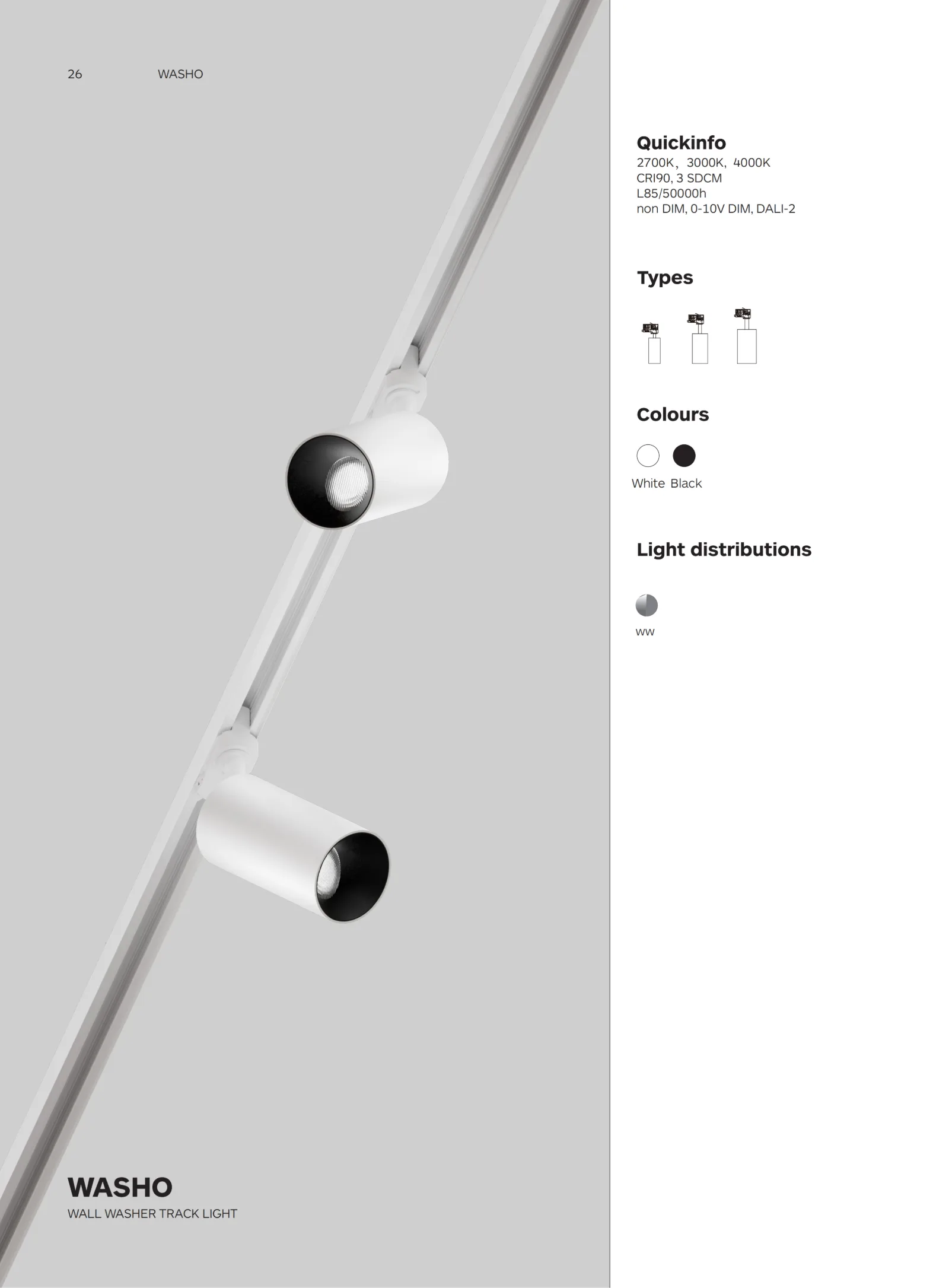WASHO precision wall washer track lighting catalogue cover for galleries, museums, retail and hospitality lighting.
