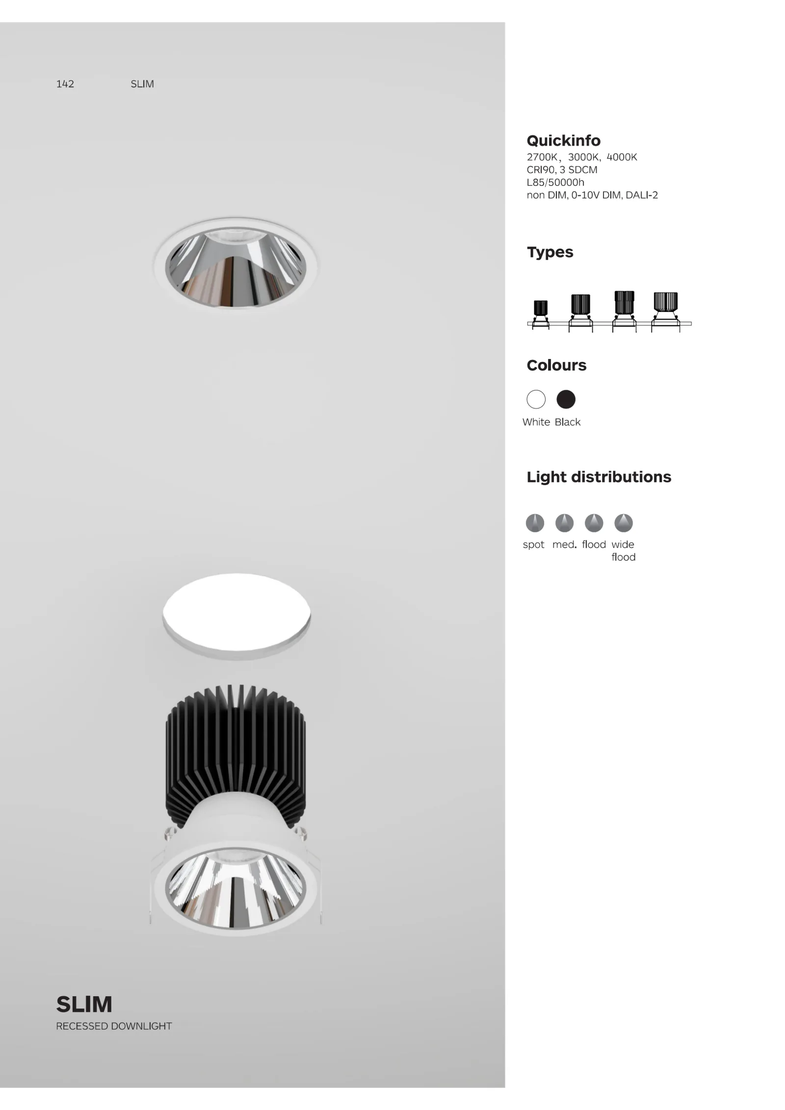 SLIM high-efficiency recessed downlight catalogue cover for retail, office and commercial lighting projects.