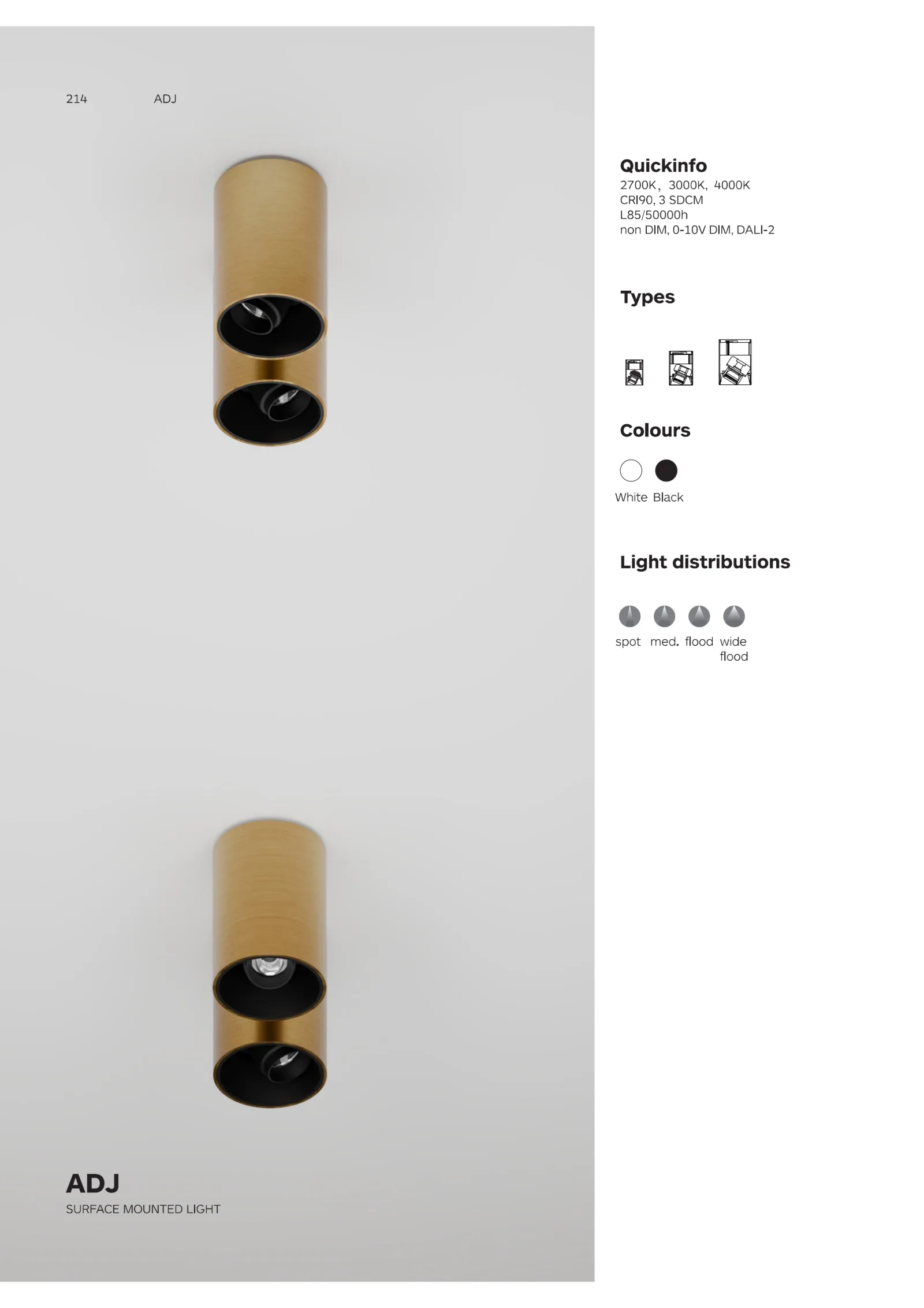 ADJ Adjustable Surface Spotlight Catalogue cover showing 360° rotating spotlight design with precise aiming and removable light module for architectural lighting.