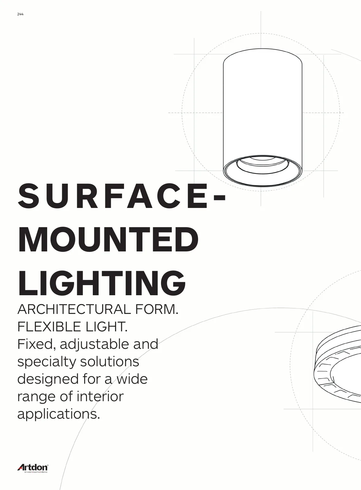 Artdon Surface Mounted Lighting Catalogue 2026-2027 cover with architectural surface mounted luminaire line drawing