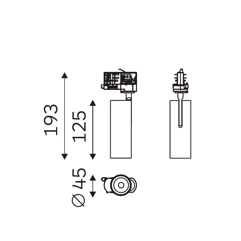 SPECTRUM E 45 technical drawing showing 45 mm diameter, 125 mm body and 193 mm overall height
