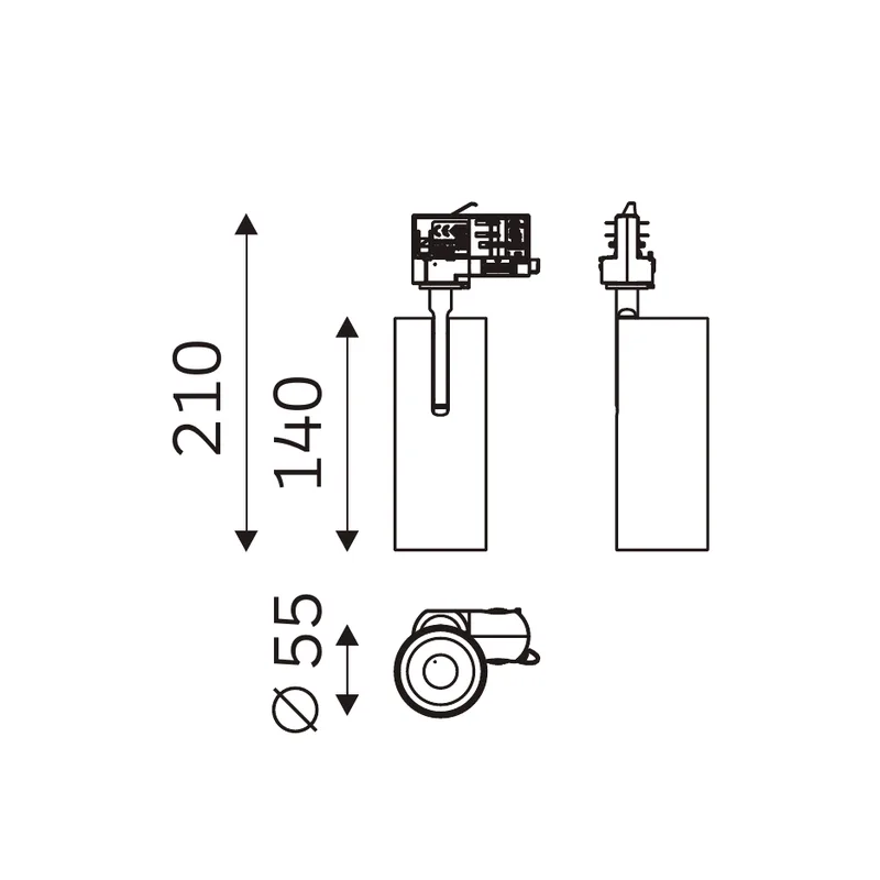 SPECTRUM E 55 technical drawing with front, side and bottom views