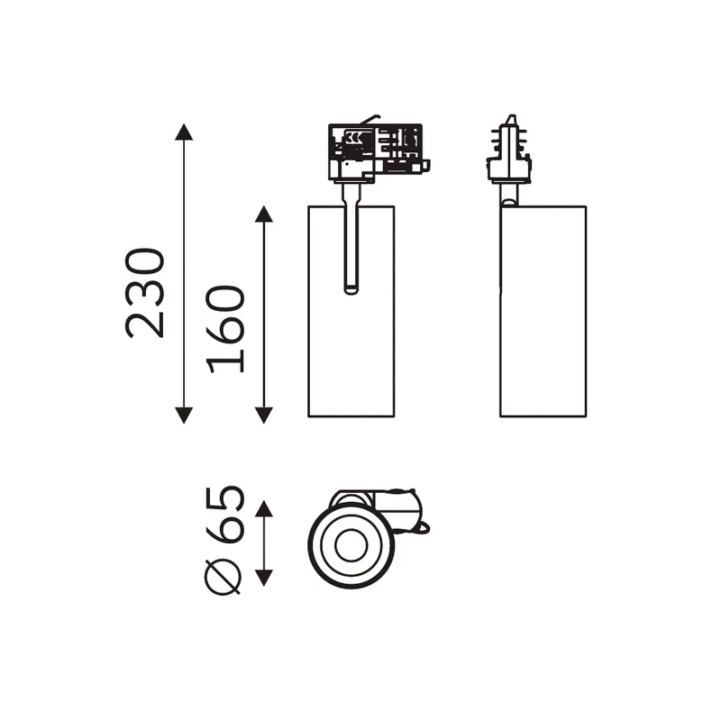 SPECTRUM E 65 technical drawing with front, side and bottom views