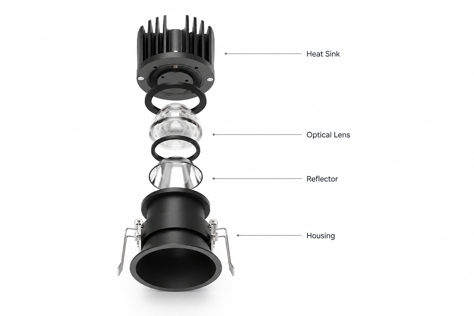 Exploded view of an architectural LED downlight showing optical and structural design