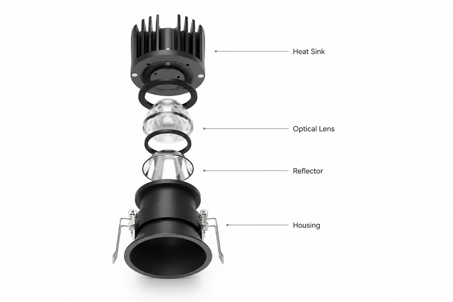 Exploded view of an architectural LED downlight showing optical and structural design