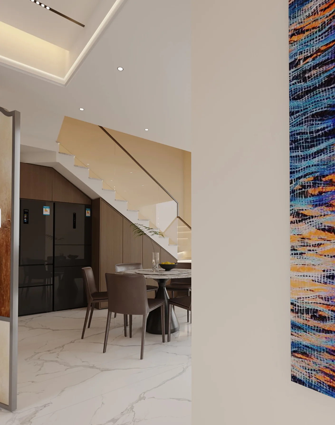 Magnetic linear lights installed in a luxury villa dining room, creating elegant architectural lighting for contemporary interiors.
