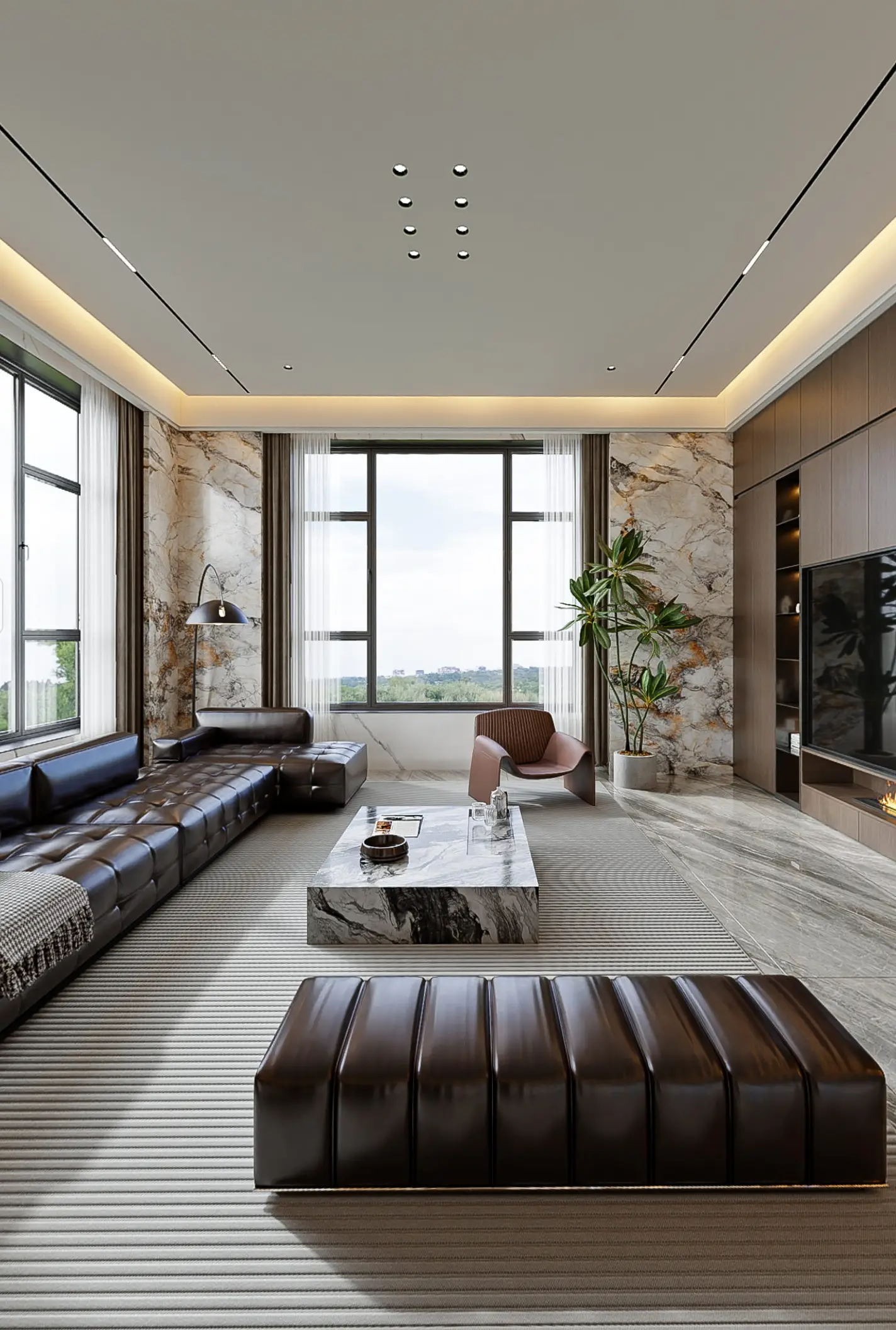 Magnetic linear lights installed in a luxury villa living area, delivering seamless architectural lighting for residential interiors.