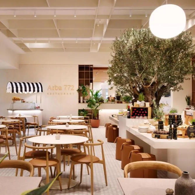 Modern hotel restaurant using magnetic track lights for accent hierarchy