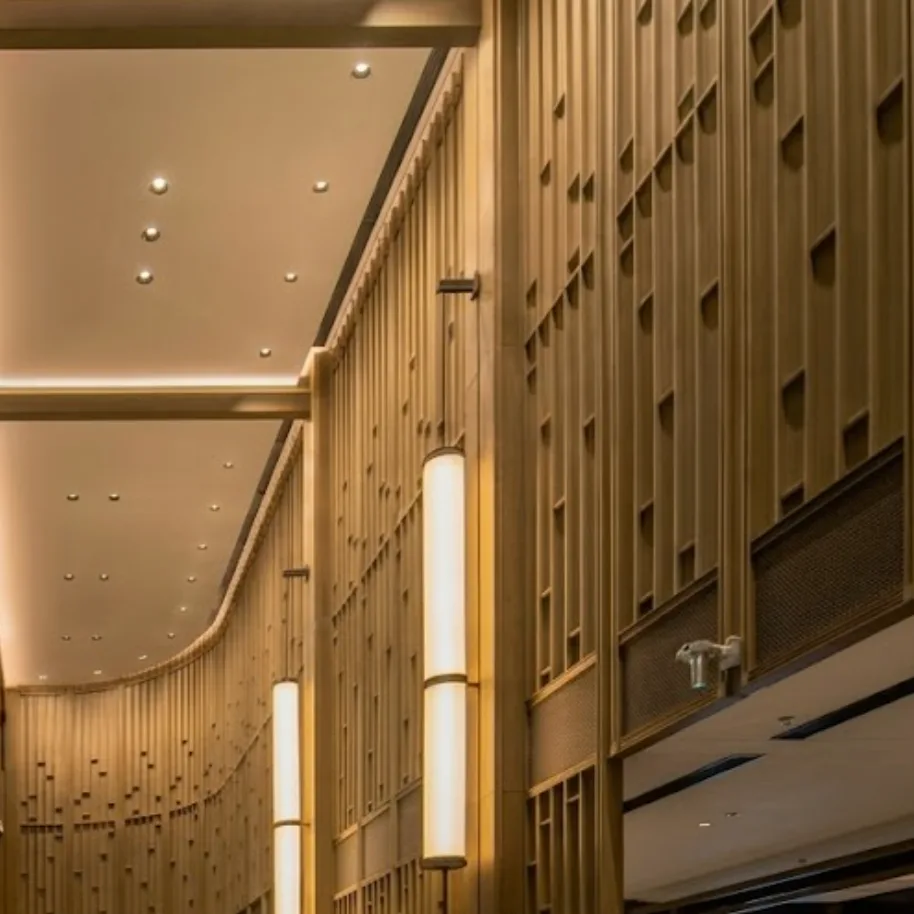 Recessed downlights installed in a modern hotel lobby, providing elegant architectural lighting for hospitality reception areas.