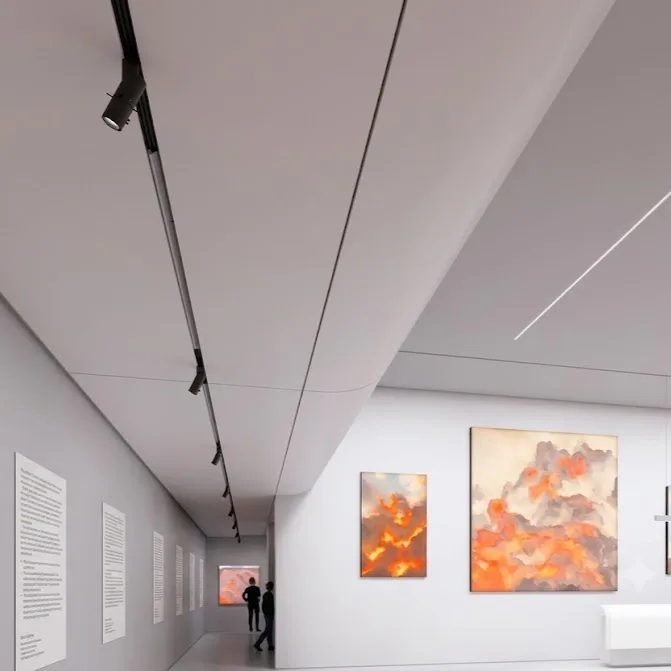 Contemporary fine art gallery with precise track lighting across paintings and display walls
