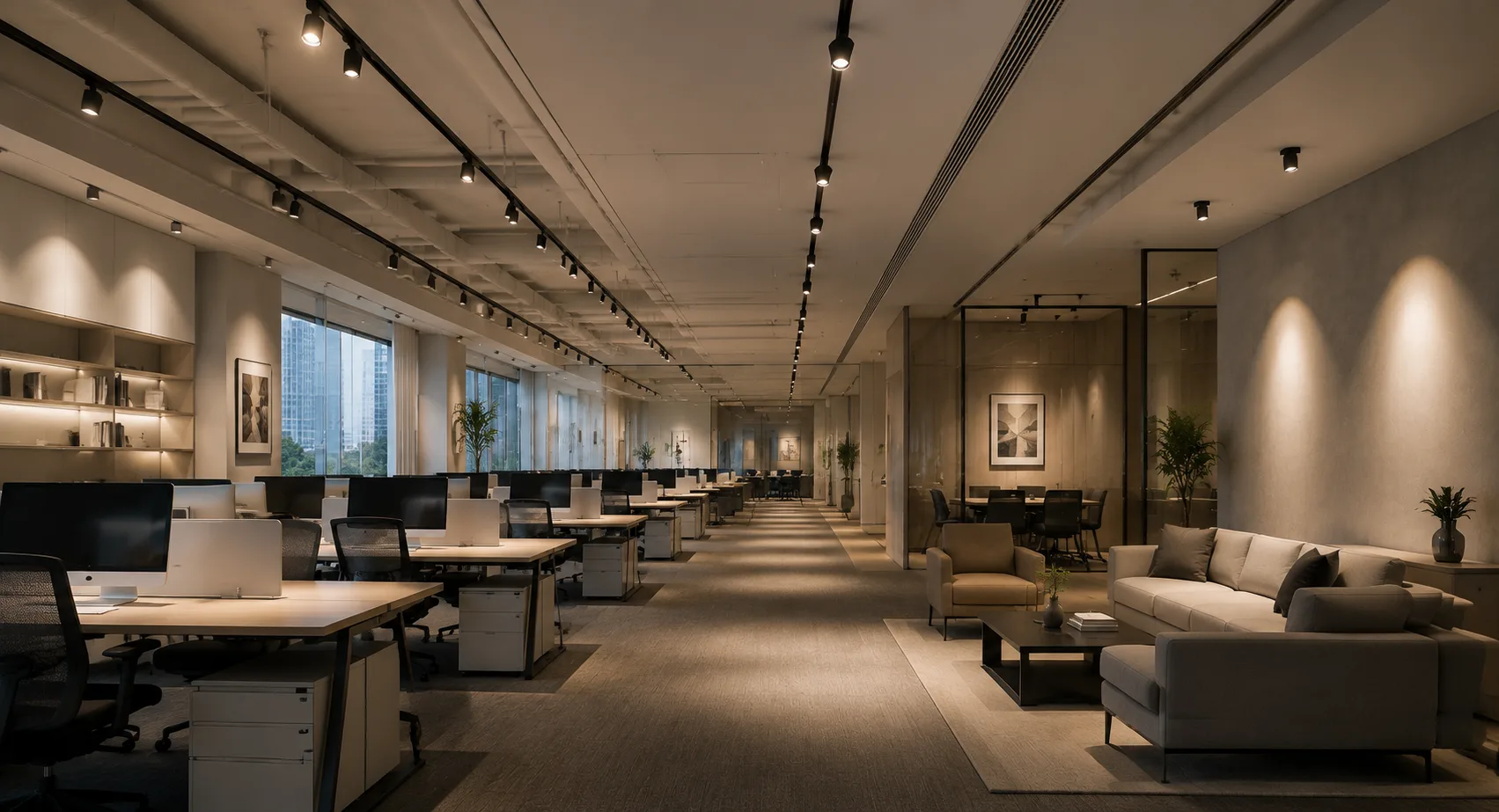 Modern office interior designed for balanced daylight and low-glare electric lighting