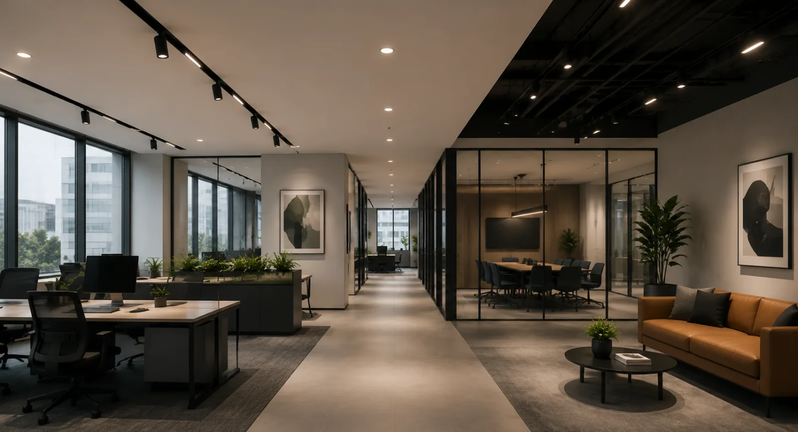 Modern commercial office with efficient magnetic track and recessed lighting controls