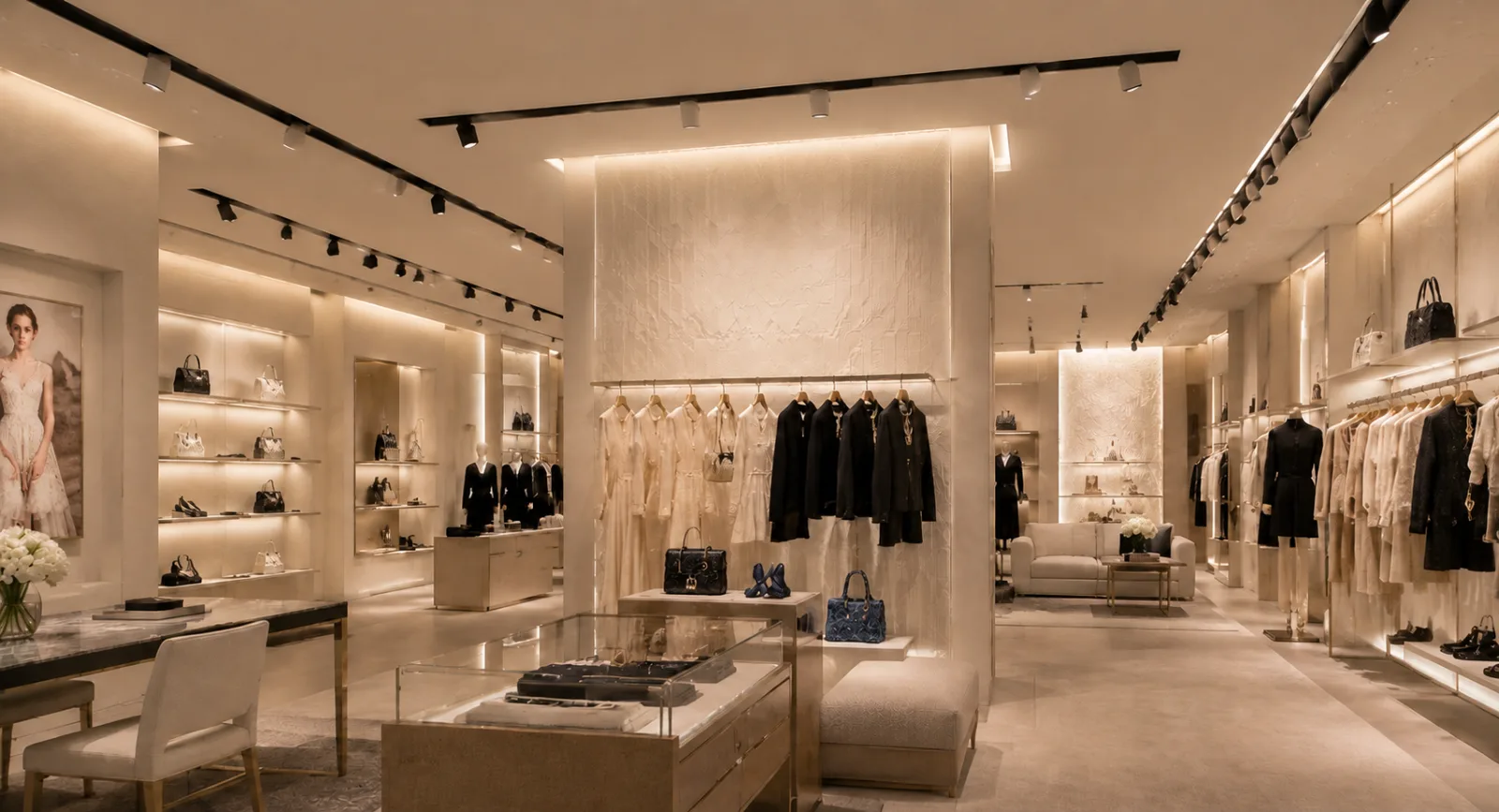 Shanghai luxury retail store featuring BEAMX and SHOWLITE high color rendering lighting for accurate textile and product display